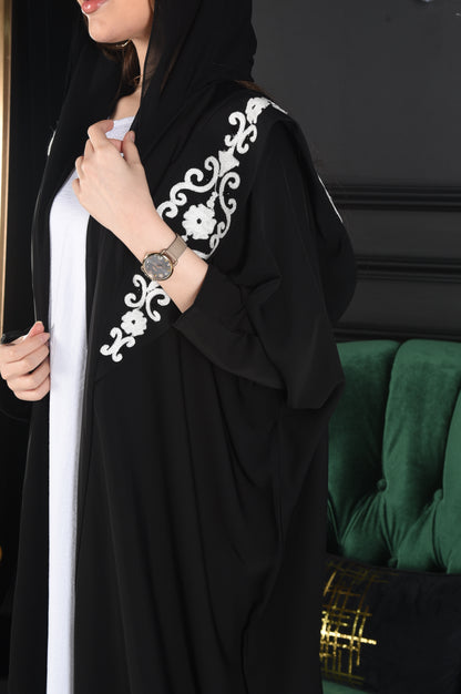 Occasion Abaya with Large Black & White Embroidered Collar