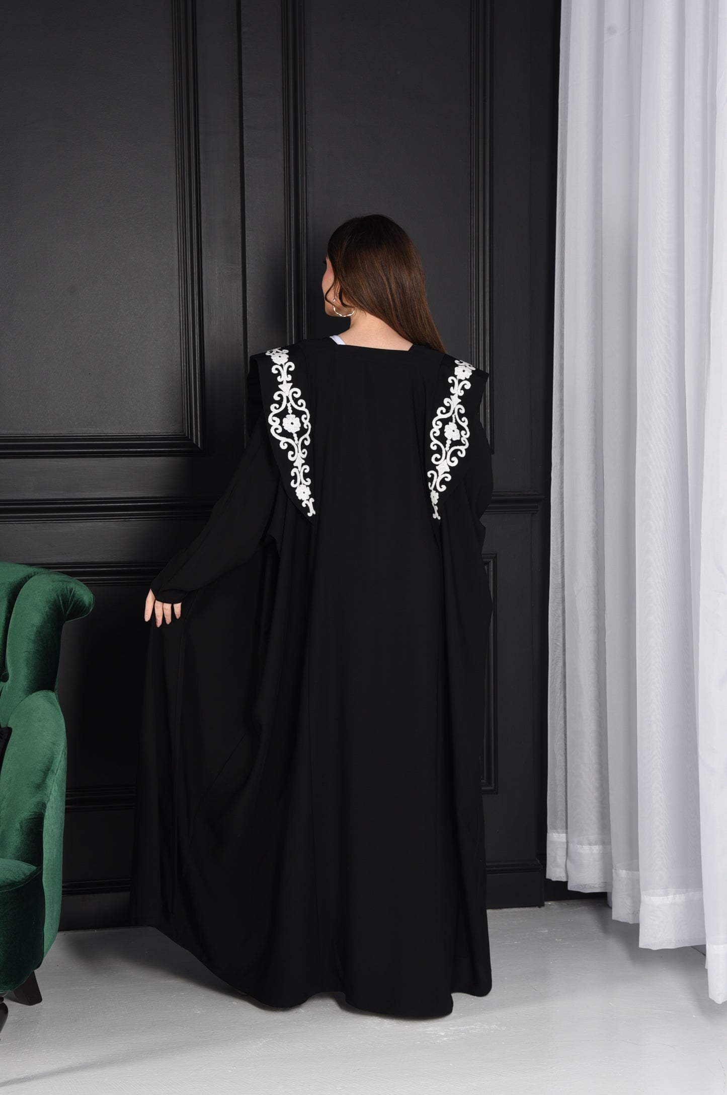 Occasion Abaya with Large Black & White Embroidered Collar