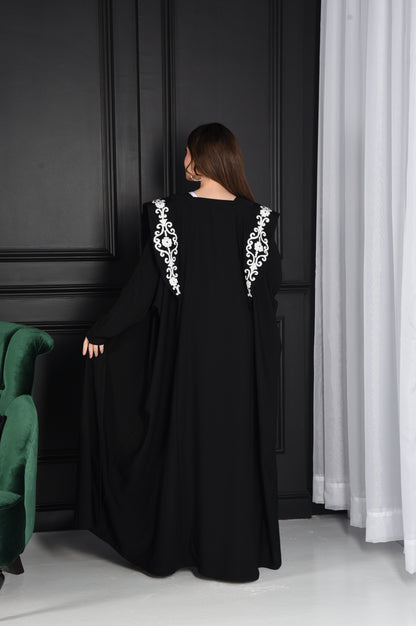 Occasion Abaya with Large Black & White Embroidered Collar